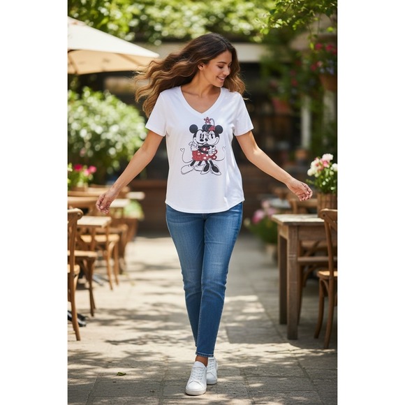 Disney Tops - Disney‎ Women's M White V-Neck T-Shirt Mickey Minnie Mouse Graphic Short Sleeve